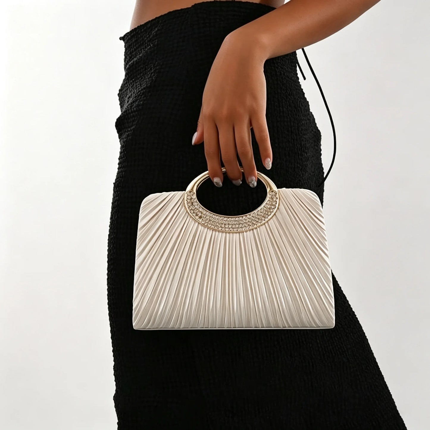 Pleated Rhinestone Metal Ring Handle Clutch With Crossbody Chain