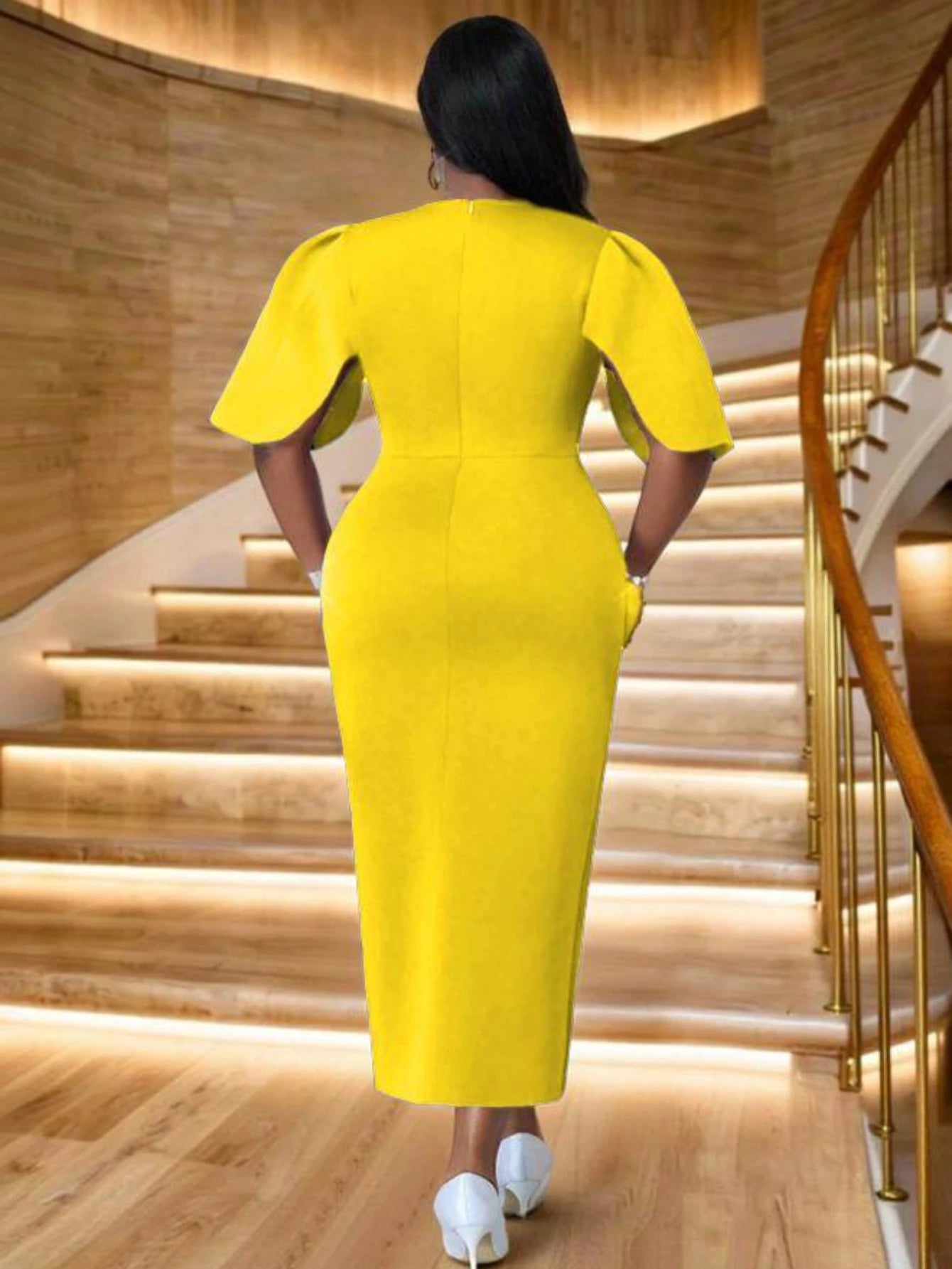 Women's Round Neck Flutter Sleeve Diagonal Decor Split Midi Bodycon Dress Big Size For Formal Dinner Wedding Guest Evening Party Fashion Occasions