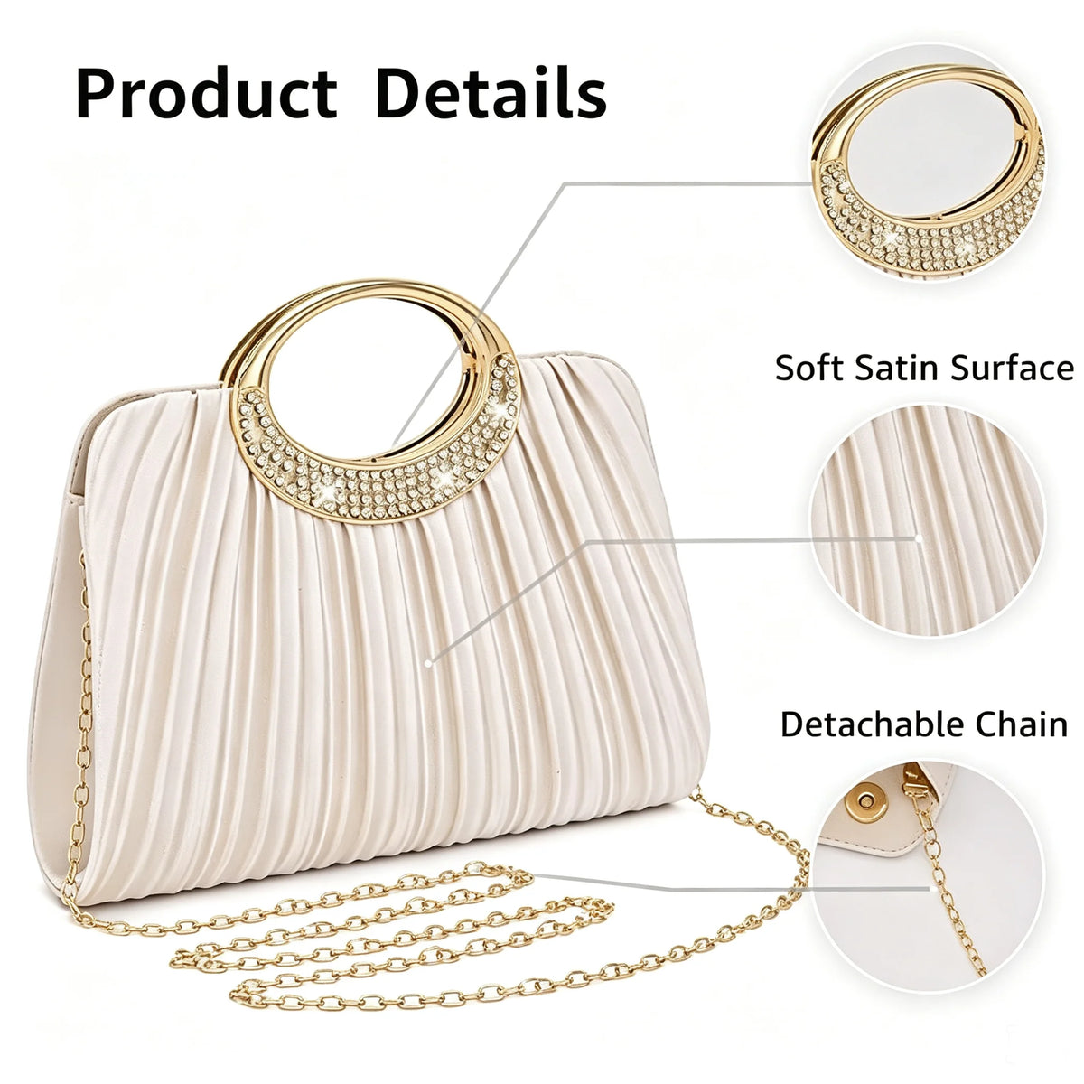 Pleated Rhinestone Metal Ring Handle Clutch With Crossbody Chain