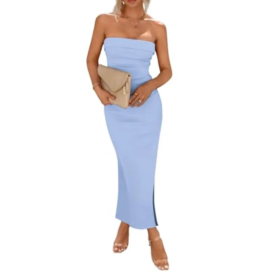 Women Ribbed Tube Dress With Side Slit Casual Bodycon
