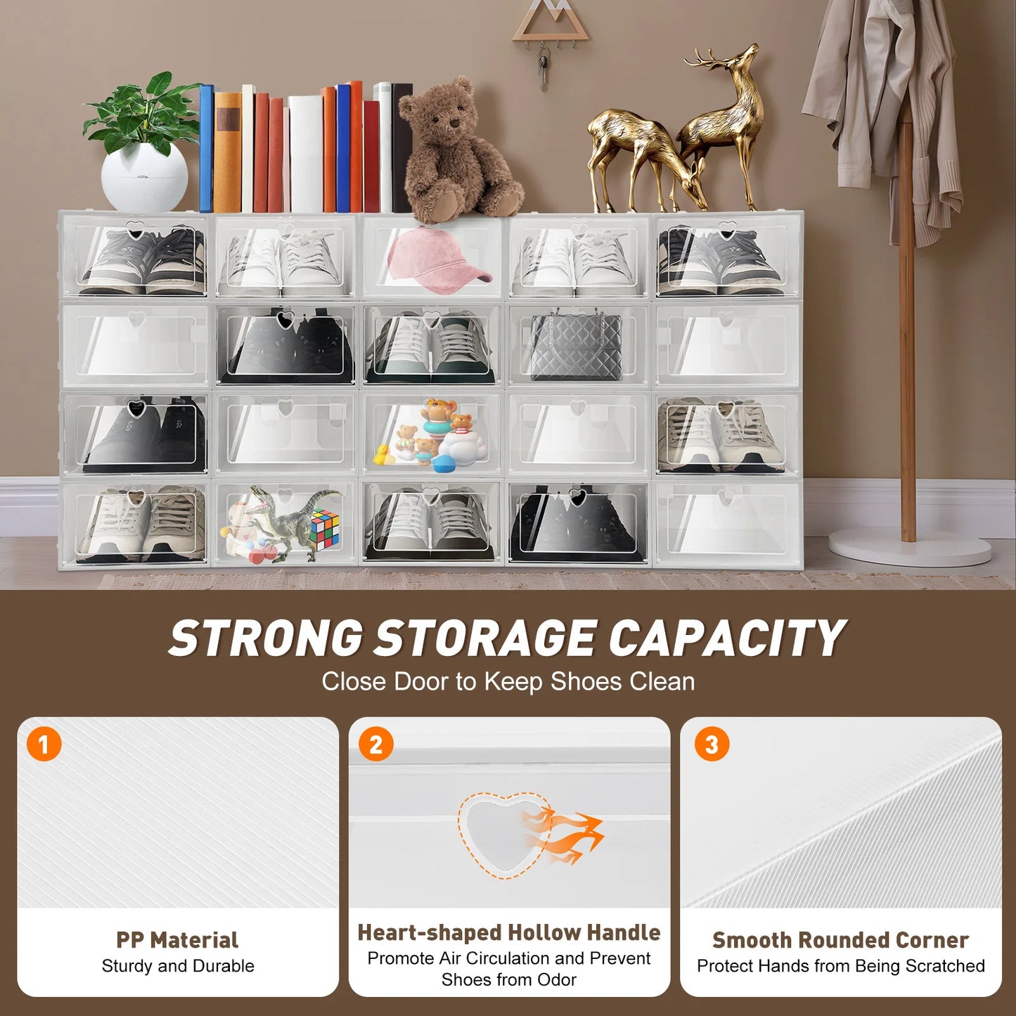 20PCS Stackable Shoe Storage Box Transparent Shoe Organizer Side Flap Design Dust‑proof PP Shoe Case with Heart‑shaped Vent Holes Shoe Organizer for Home Closet