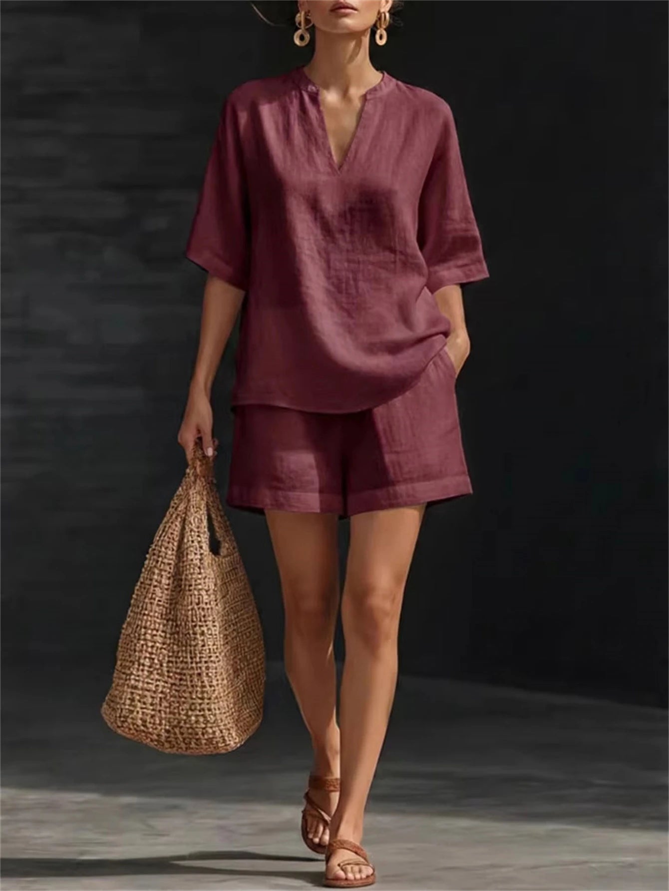 Women Casual Two Piece Short Set V Neck Summer Outfit