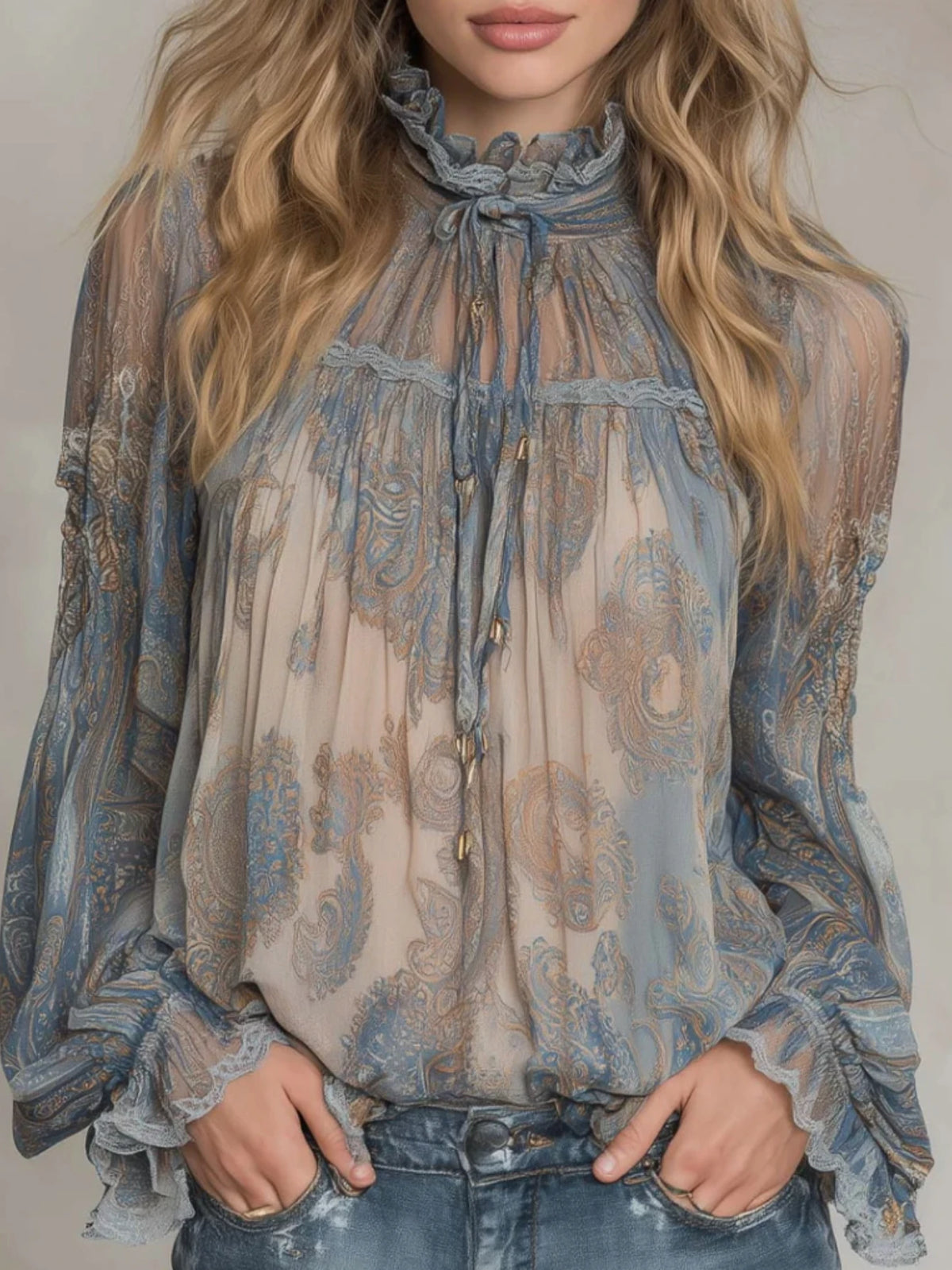 Paisley Print Ruffled High Neck Blouse For Women Tie Front Long Puff Sleeve Ruffle Cuff Loose Casual Shirt