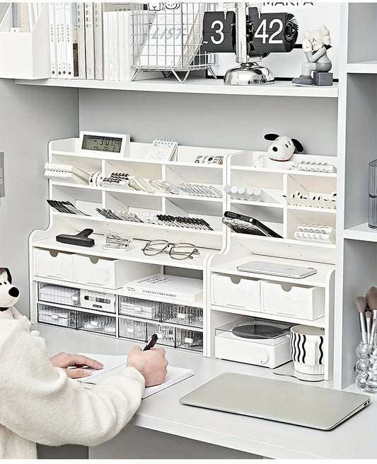 Two Tier Desk Organizer With Drawer And Tilt Pen Holder