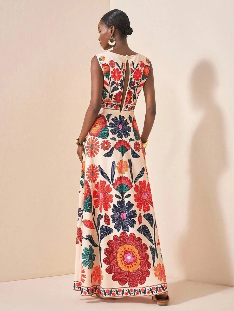 Women Polyester Floral Embroidery Maxi Dress Sleeveless Round Neck