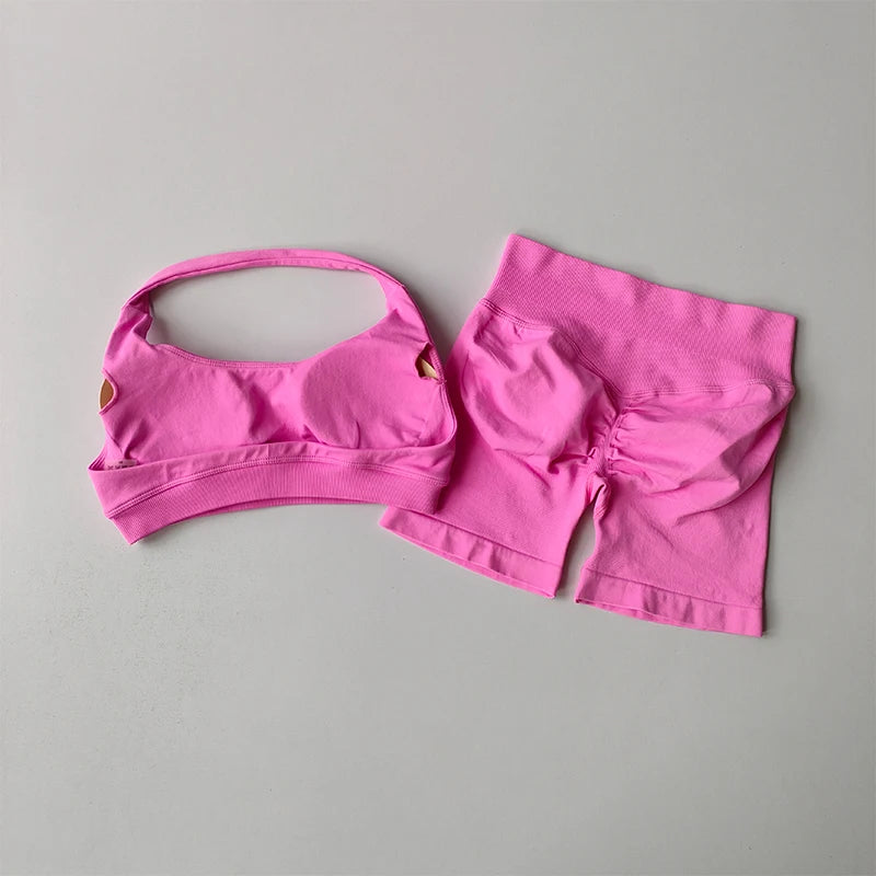 Halter Neck Sports Bra Shorts Set For Yoga Pilates