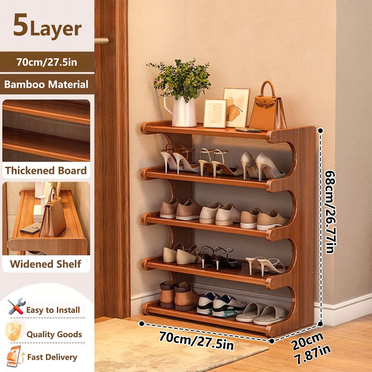 5/6-layer practical storage rack, shoe rack, space-saving design, multi-layer independent storage rack, wood grain finish, easy