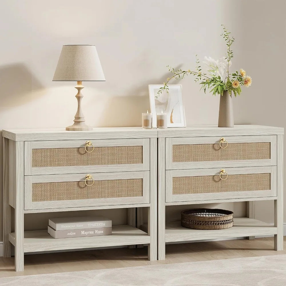 Large White Rattan Nightstands Set of 2, Boho Style with Drawers & Storage Shelf Bedroom Bedside End Table, Custom