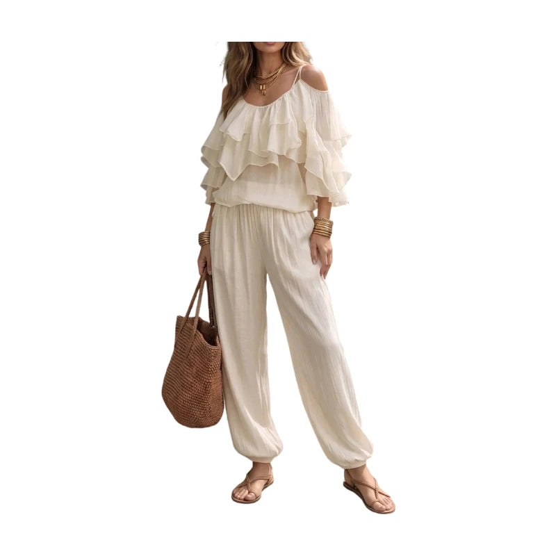 Women Casual Off Shoulder Ruffle Top And Elastic Jogger Pants