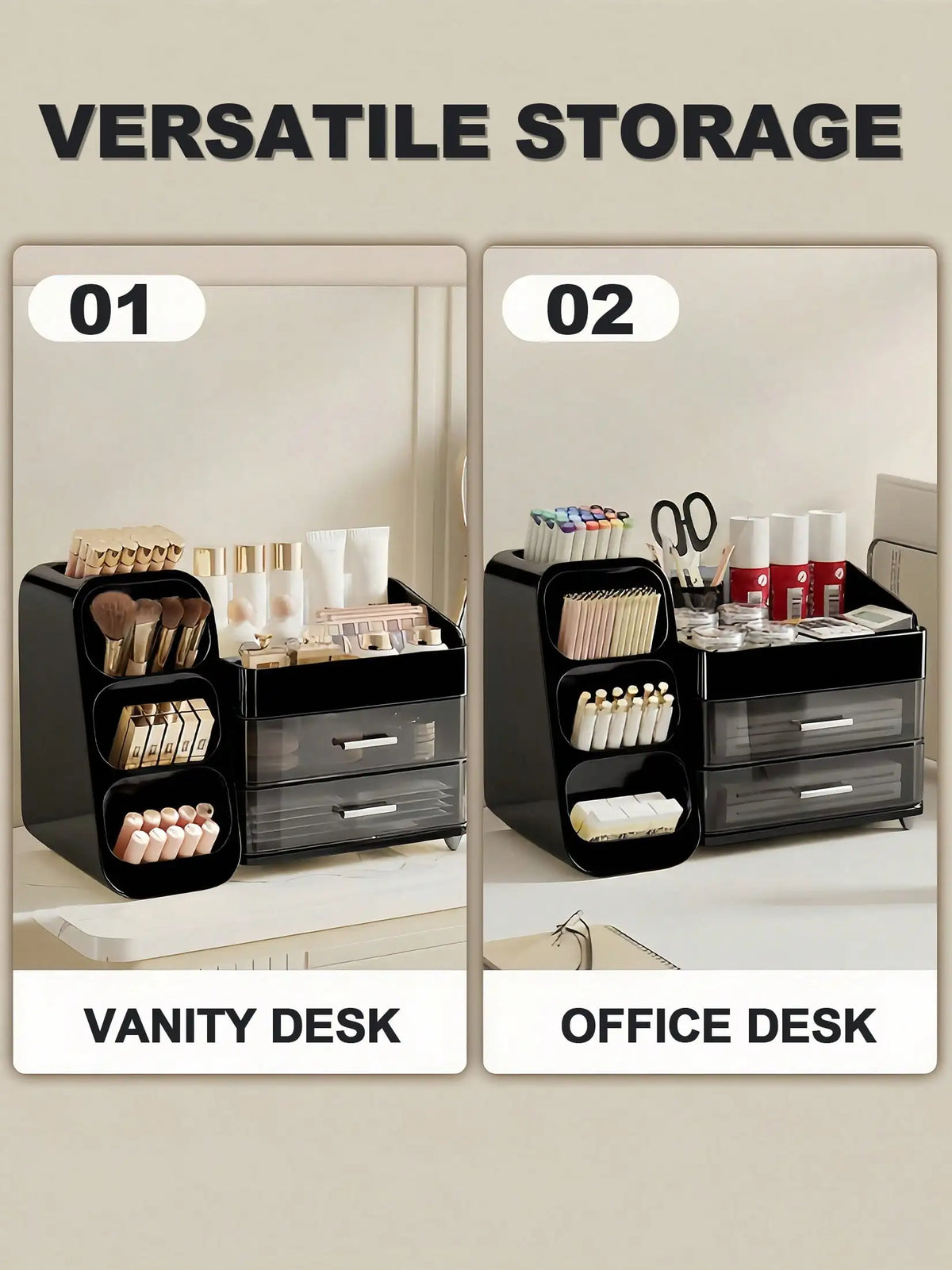 Makeup Organizer with Brush Holder & Drawers, Large Capacity Cosmetic Storage for Vanity Bathroom Countertop, Skincare Lipstick Display Stand