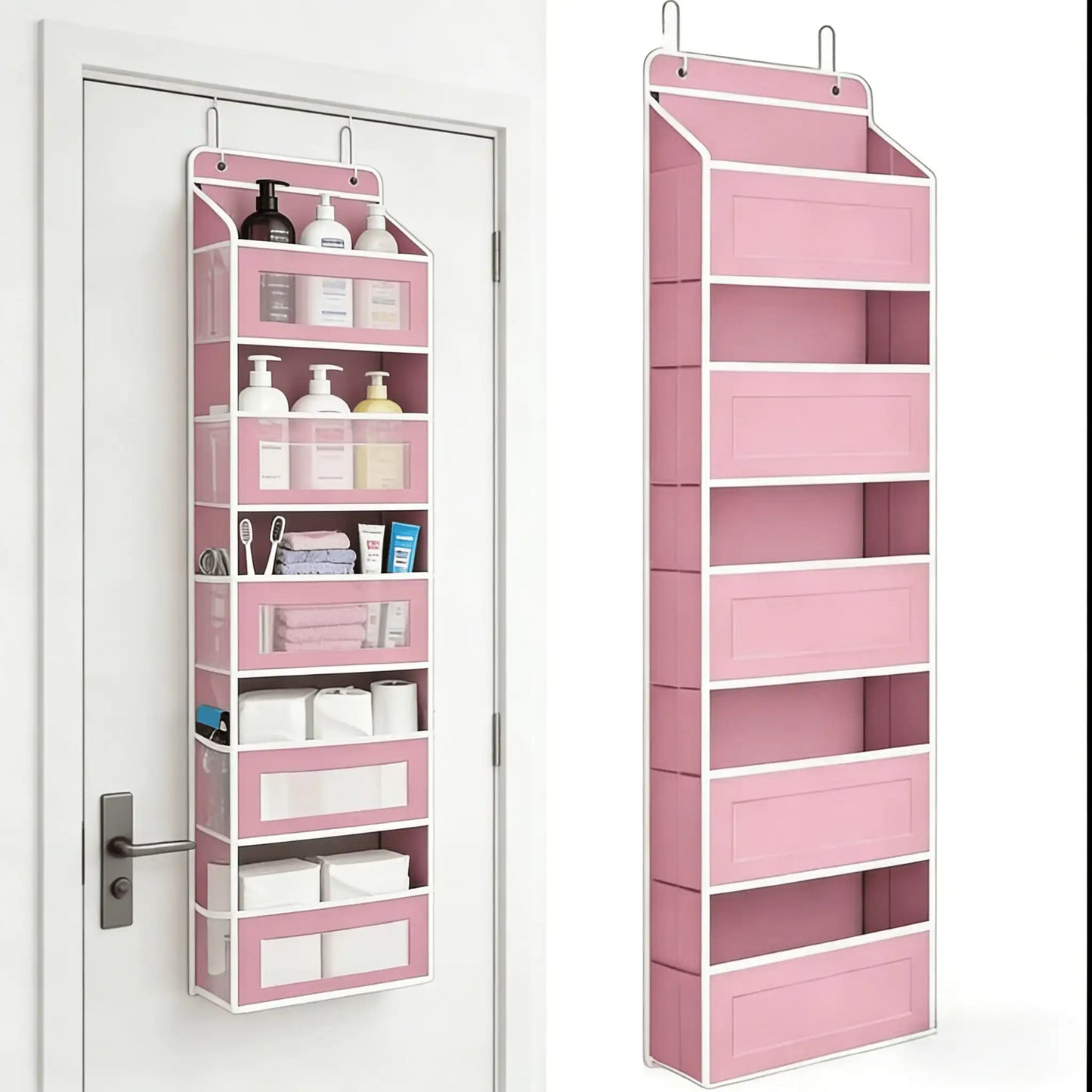 5-Tier Hanging Storage Organizer with 10 Side Pockets, Over Door Pantry Rack with 44 Lbs Capacity, Anti-Tilt Design for Bedroom, Bathroom, Dorm, White