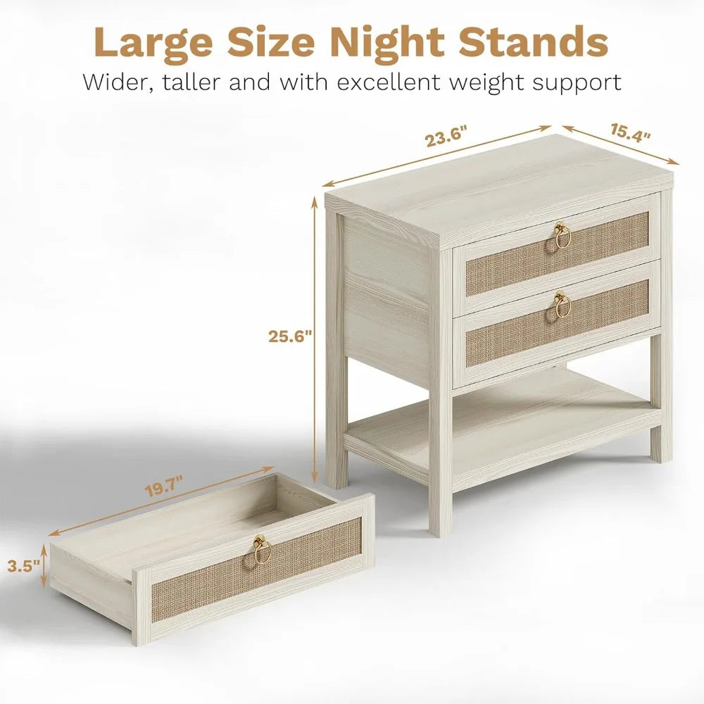 Large White Rattan Nightstands Set of 2, Boho Style with Drawers & Storage Shelf Bedroom Bedside End Table, Custom