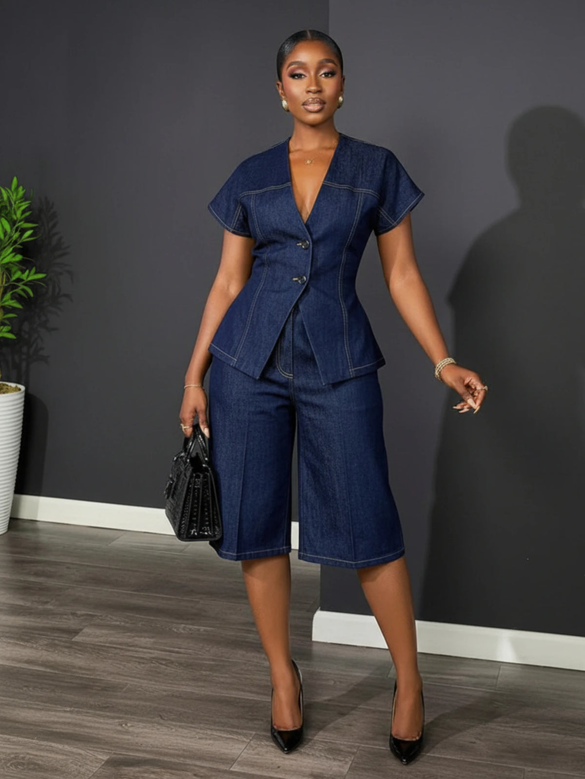 Women V Neck Short Sleeve Blazer Capri Pants Business Set
