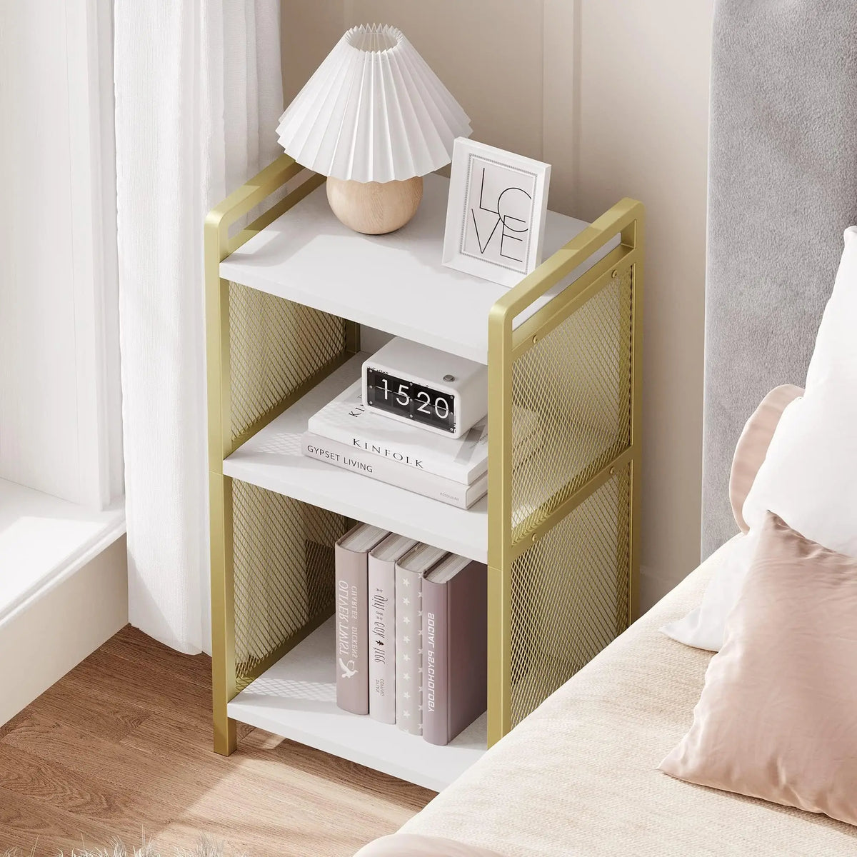 Modern 3-Tier Coffee Table With Storage Shelf, Narrow MDF Side Table With Gold Metal Detail For Living Room, Bedroom, Office, Entryway