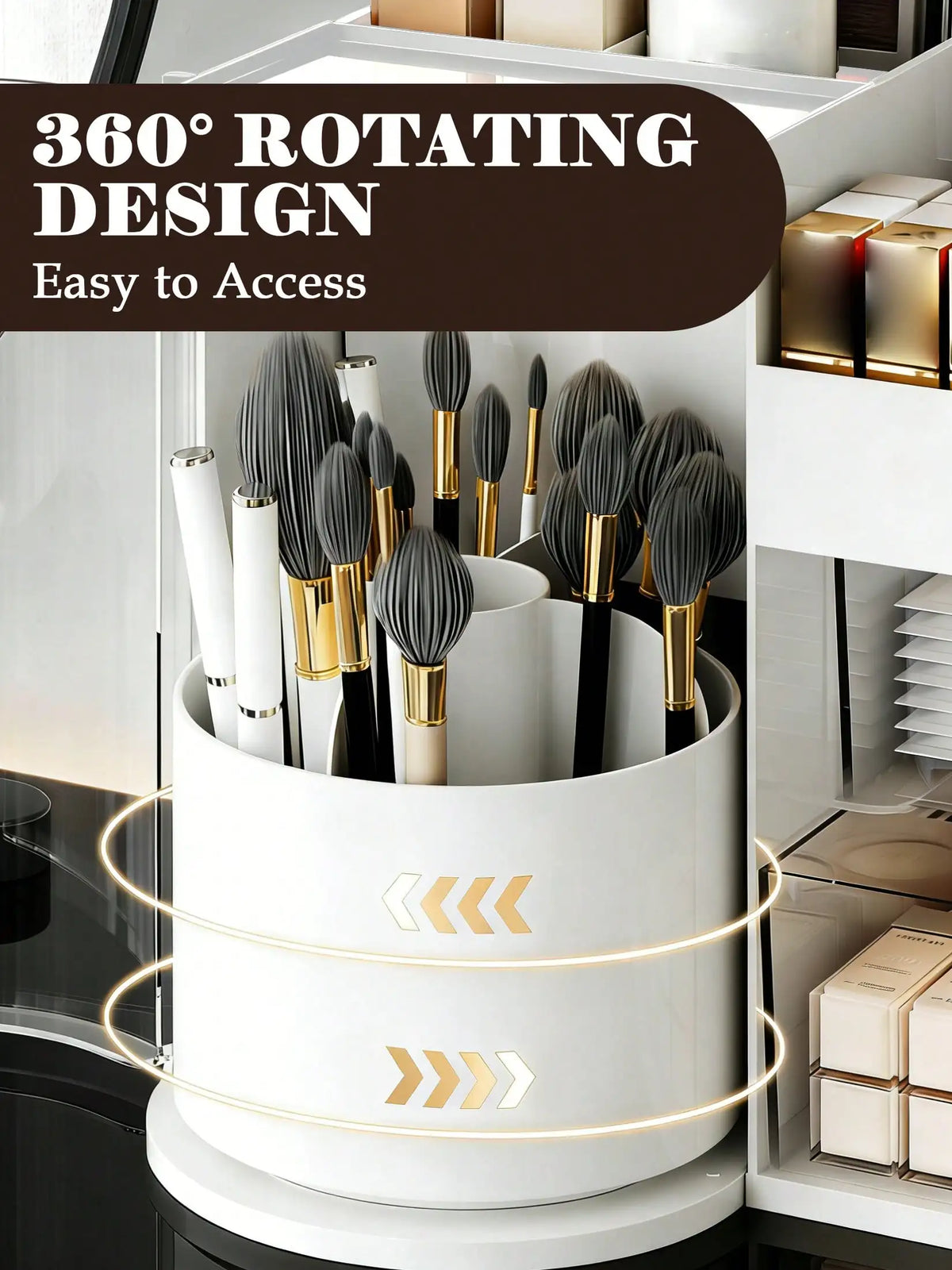 2-Tier Rotating Makeup Organizer with Brush Holder, Large Capacity Skincare Storage Box for Bathroom Countertop Vanity Dresser, White