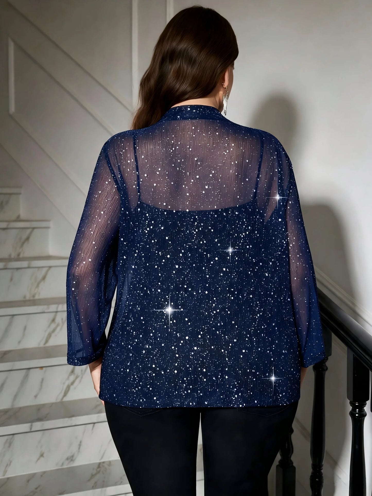 Plus Size Glitter Mesh Kimono Cardigan Women 3/4 Sleeve Open Front Shimmer Sheer Cover‑Up For Evening Party Club Occasion