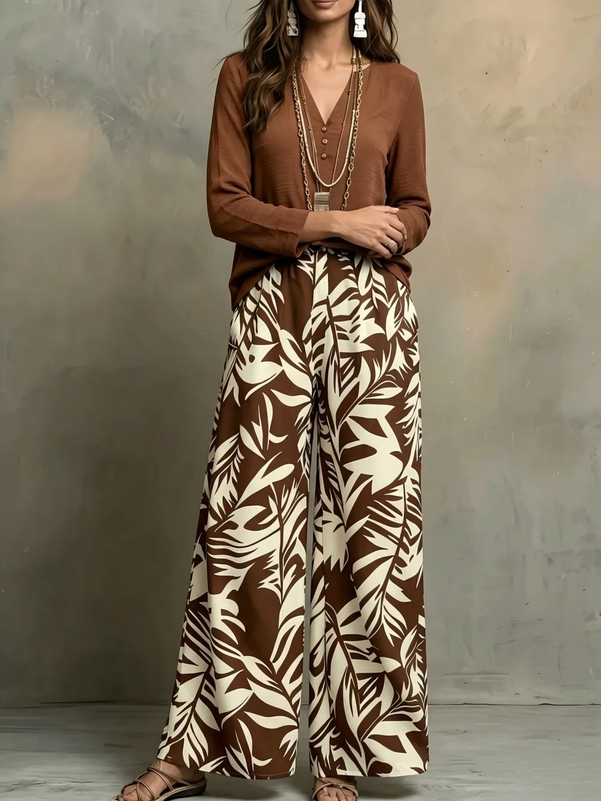 Womens Leaf Print V Neck Blouse Wide Leg Pants Set