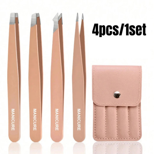 1/4pc Stainless Steel  Eyebrow Tweezers Kit Eyebrow Eyelash Tweezers with Storage Bag Beauty Salon Home Hair Removal Tweezers