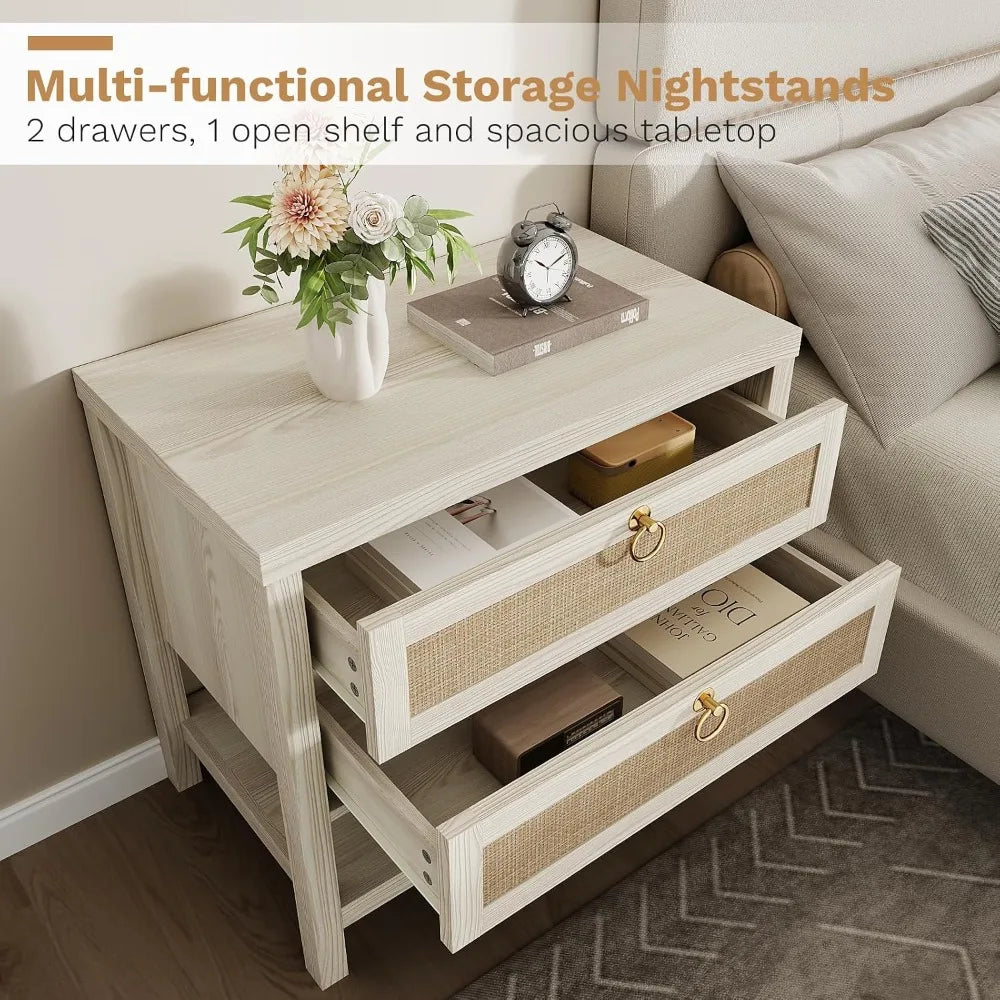 Large White Rattan Nightstands Set of 2, Boho Style with Drawers & Storage Shelf Bedroom Bedside End Table, Custom
