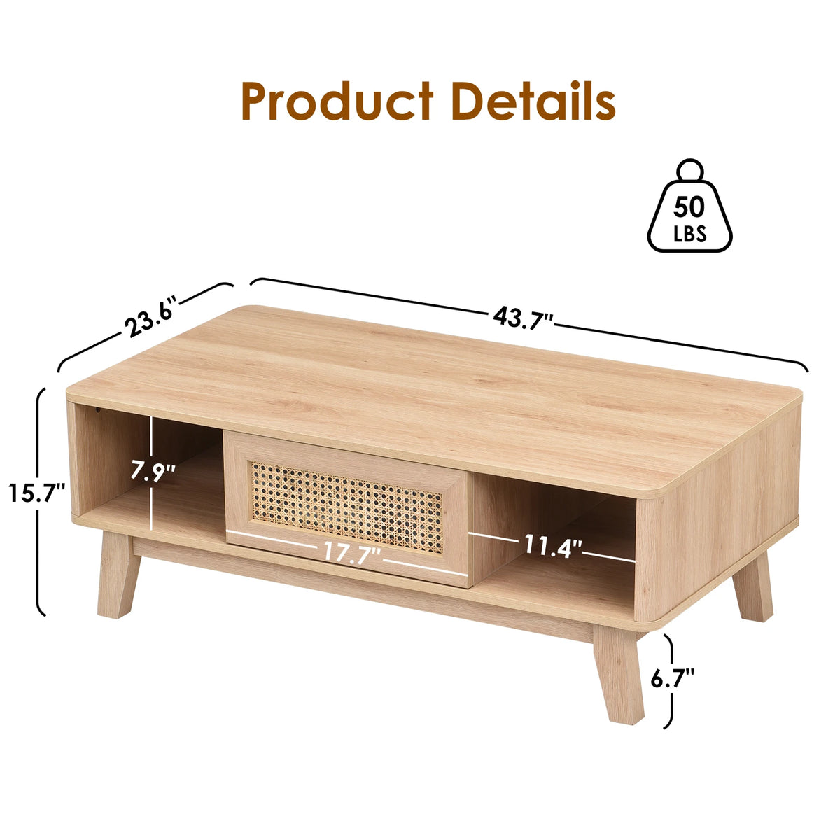 Farini Mid Century Modern Coffee Table with Rattan Drawer, Wood Storage Table for Living Room, Farmhouse Home Furniture