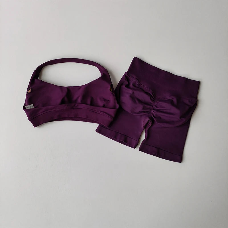 Halter Neck Sports Bra Shorts Set For Yoga Pilates