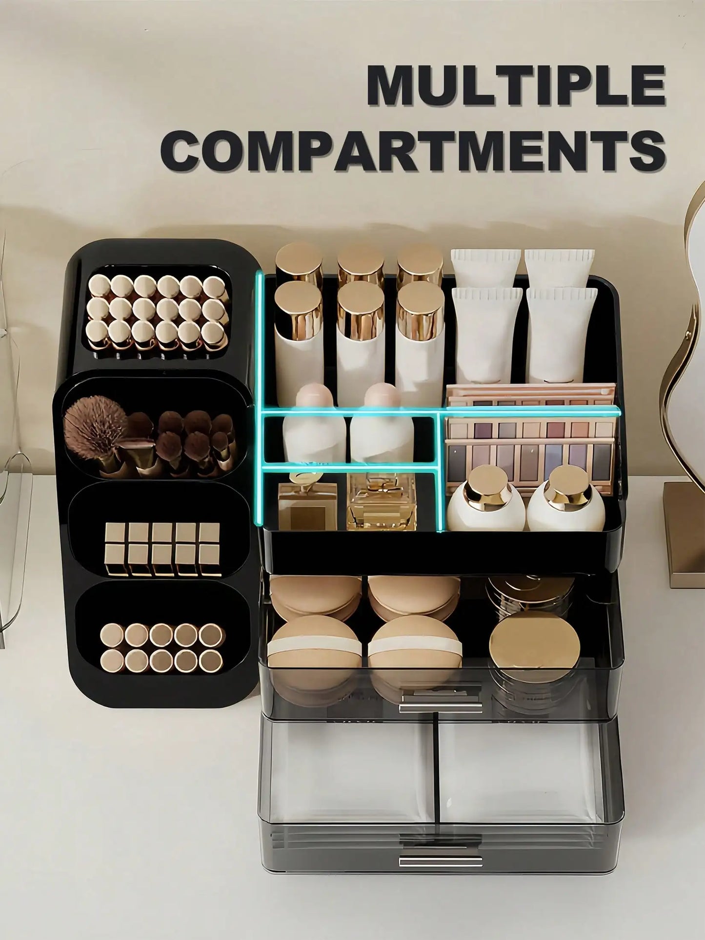 Makeup Organizer with Brush Holder & Drawers, Large Capacity Cosmetic Storage for Vanity Bathroom Countertop, Skincare Lipstick Display Stand
