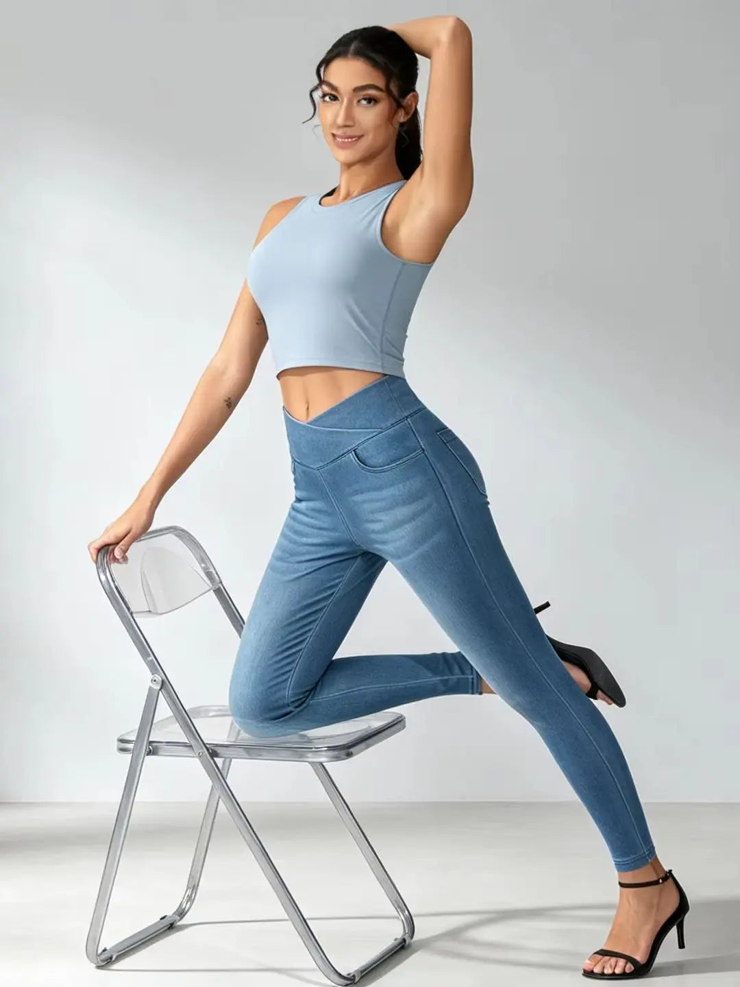 THE GYM PEOPLE Women's  High Waisted Skinny Denim Jegging Pants with Pockets V Cross Stretchy  Jean Leggings