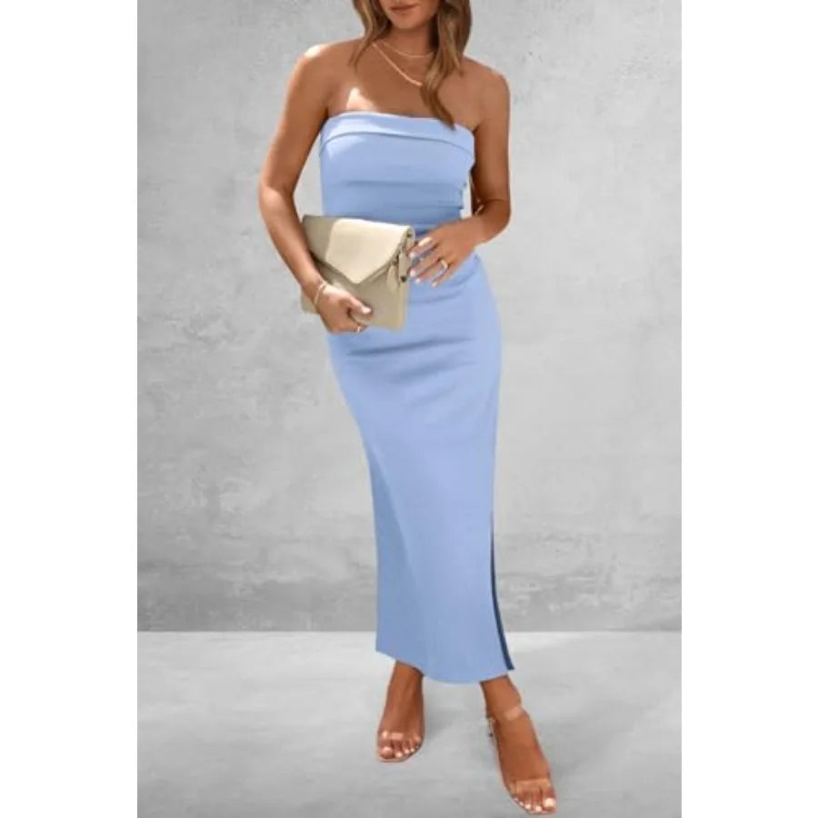 Women Ribbed Tube Dress With Side Slit Casual Bodycon