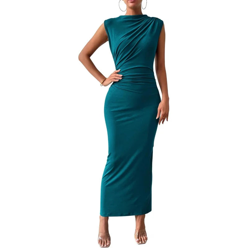 Women Ruched Bodycon Maxi Dress Sleeveless Elegant Party Cocktail Gown