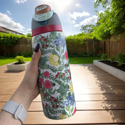 32oz Floral Series Insulated Water Bottle Set Features A Romantic, Vintage Floral Print Design And Keeps Drinks Cold For 24 Hou
