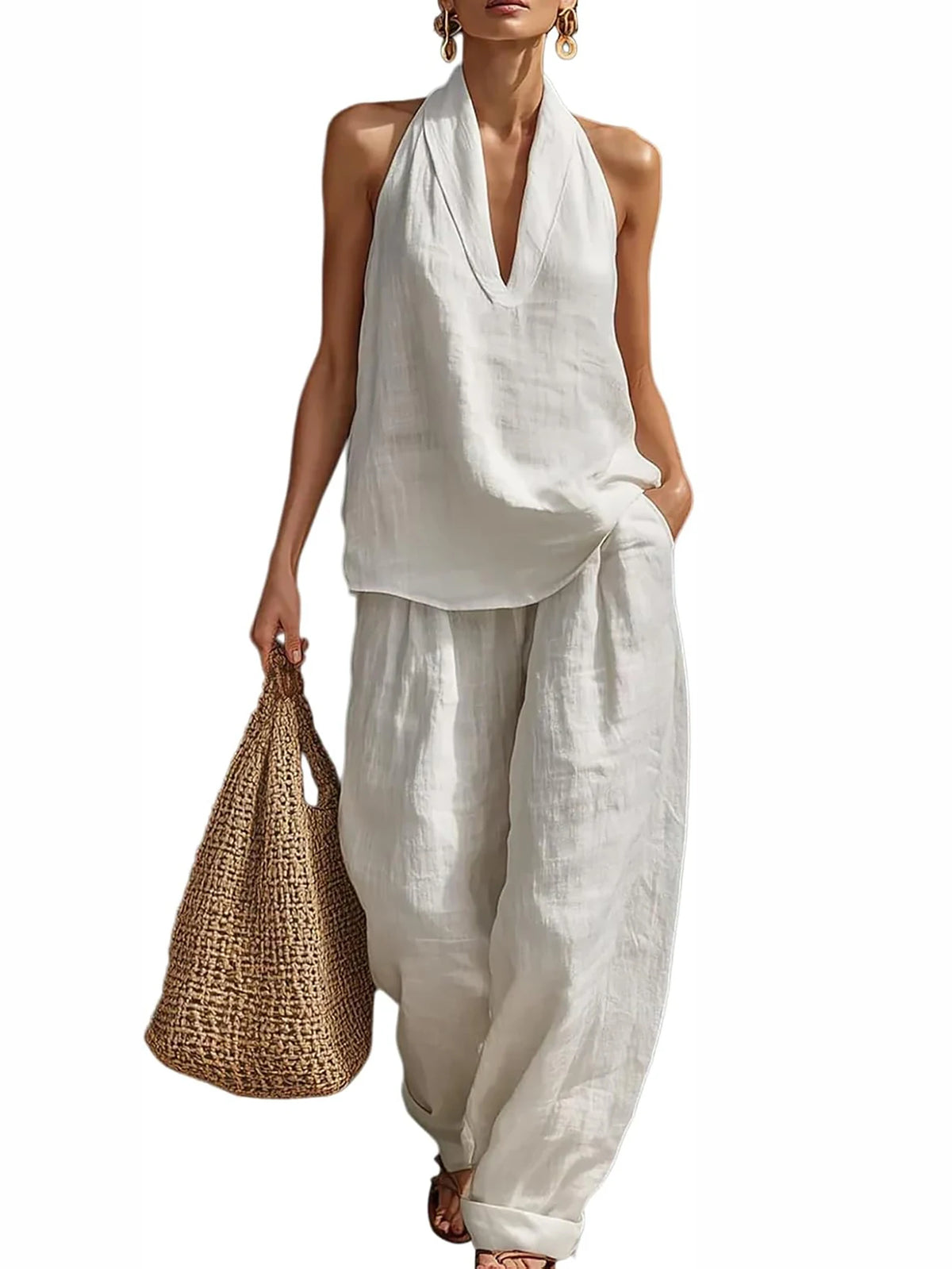 Women's Halter Top And Wide Leg Pants Matching Set