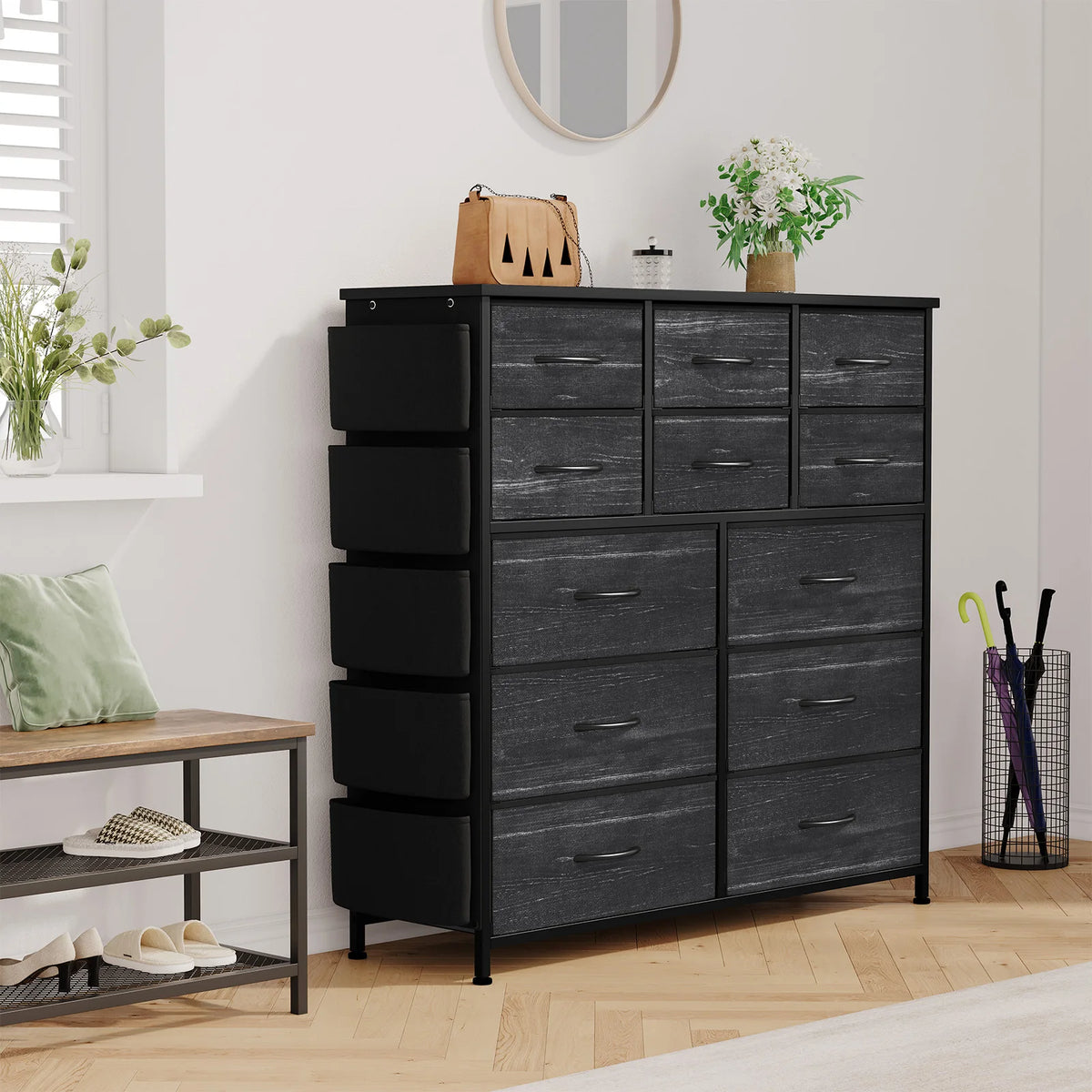 12-Drawer Dresser for Bedroom,Cloth Storage Tower,Fabric Storage Cabinet,Chest of Drawer with Side Pockets,Metal Frame,Wood Top