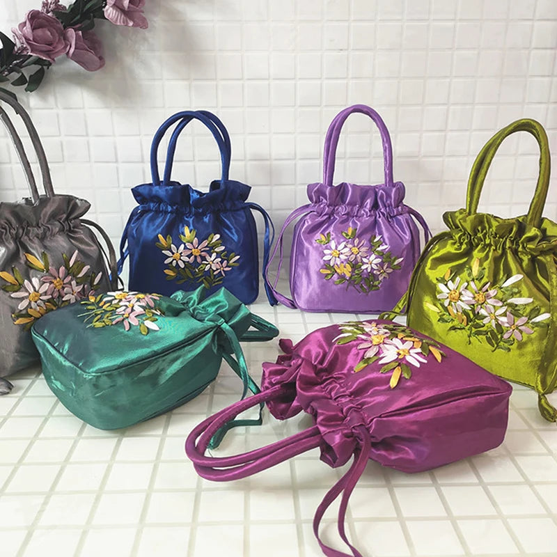 National Style Embroidered Flower Bucket Bag With Drawstring