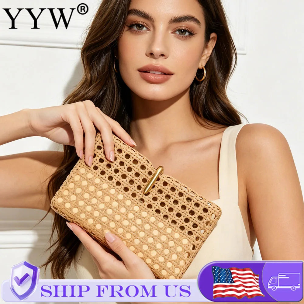 Square Woven Rattan Clutch Bag With Gold Chain Strap