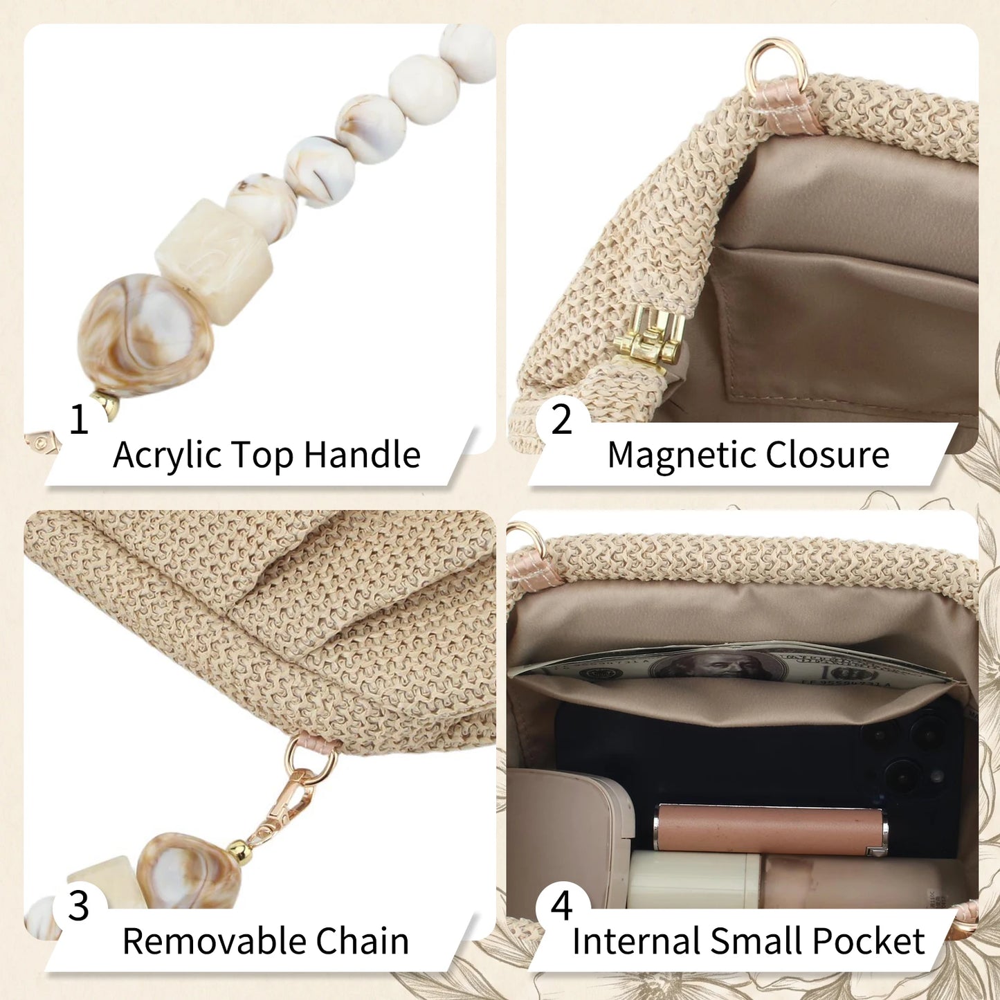 Women Straw Woven Bag With Chain Strap Clutch Purse