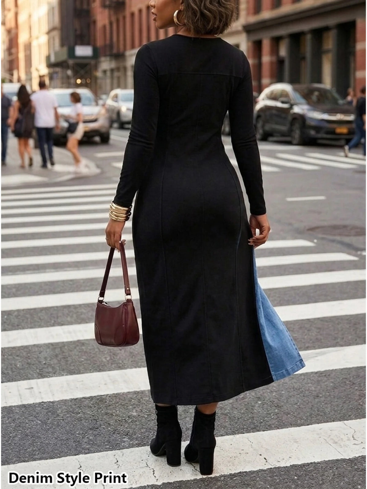 Women's Round Neck Long Sleeve Color Block Front Slit Slim Fit Midi Dress For Urban Street Daily Casual Fashion Occasions
