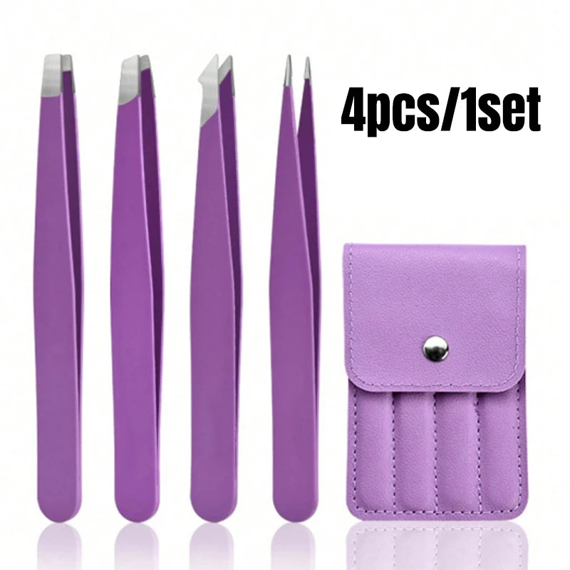 1/4pc Stainless Steel  Eyebrow Tweezers Kit Eyebrow Eyelash Tweezers with Storage Bag Beauty Salon Home Hair Removal Tweezers