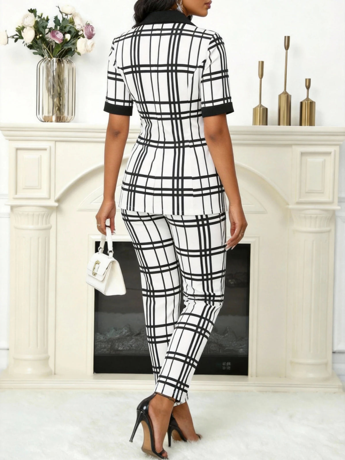 Women Lapel Plaid Blazer Set For Business Office Wear