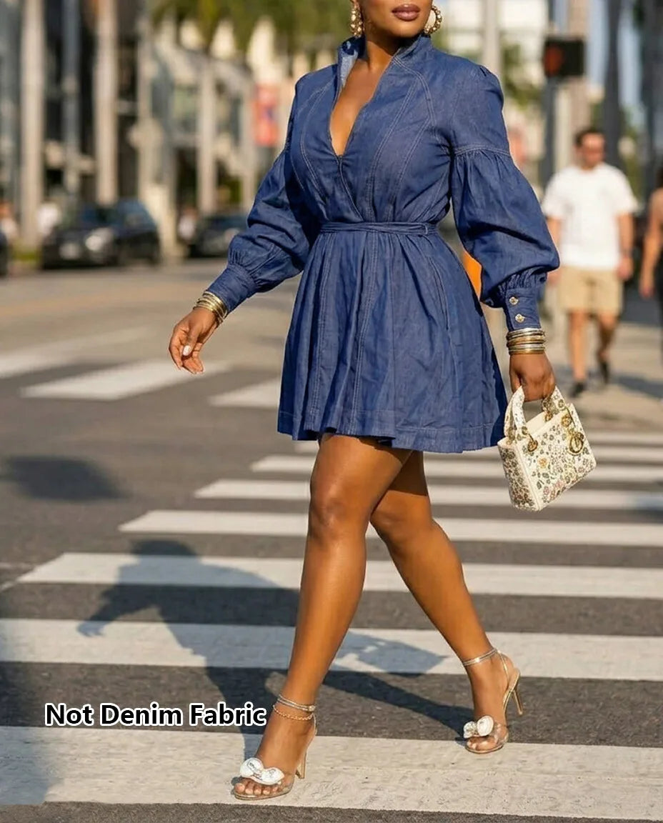 Women V Neck Puff Sleeve Mini Dress For Casual Streetwear Vacation And Daily Occasion