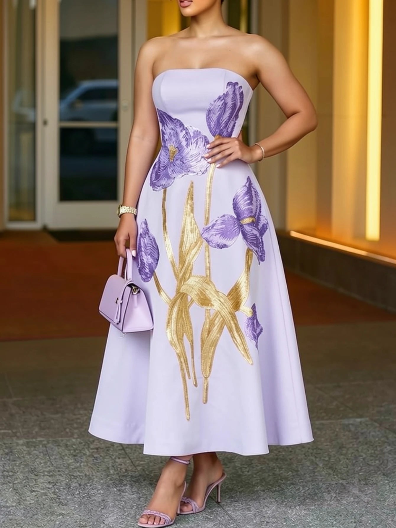 Women's Strapless Printed Flared Midi Dress For Wedding Guest Evening Formal Banquet Elegant Fashion Occasions