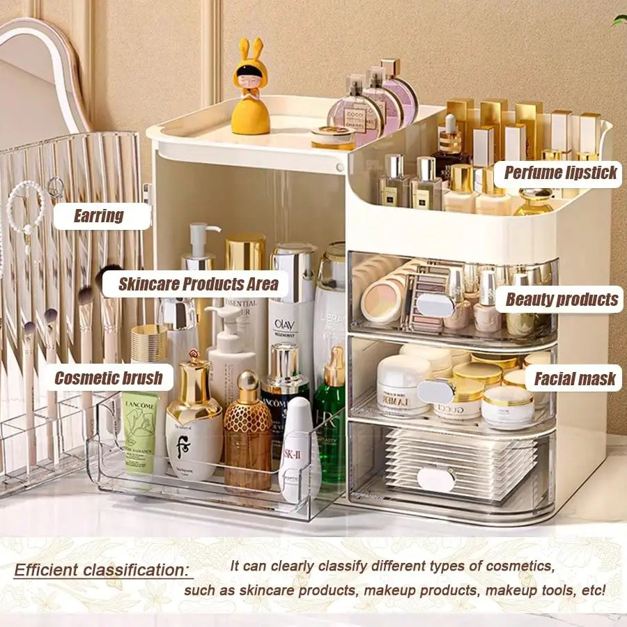 Makeup Organizer with Mirror & Drawers, Large Capacity Cosmetic Storage Box, Semi-Open Vanity Case for Skincare, Bathroom Dressing Table, Office Desk