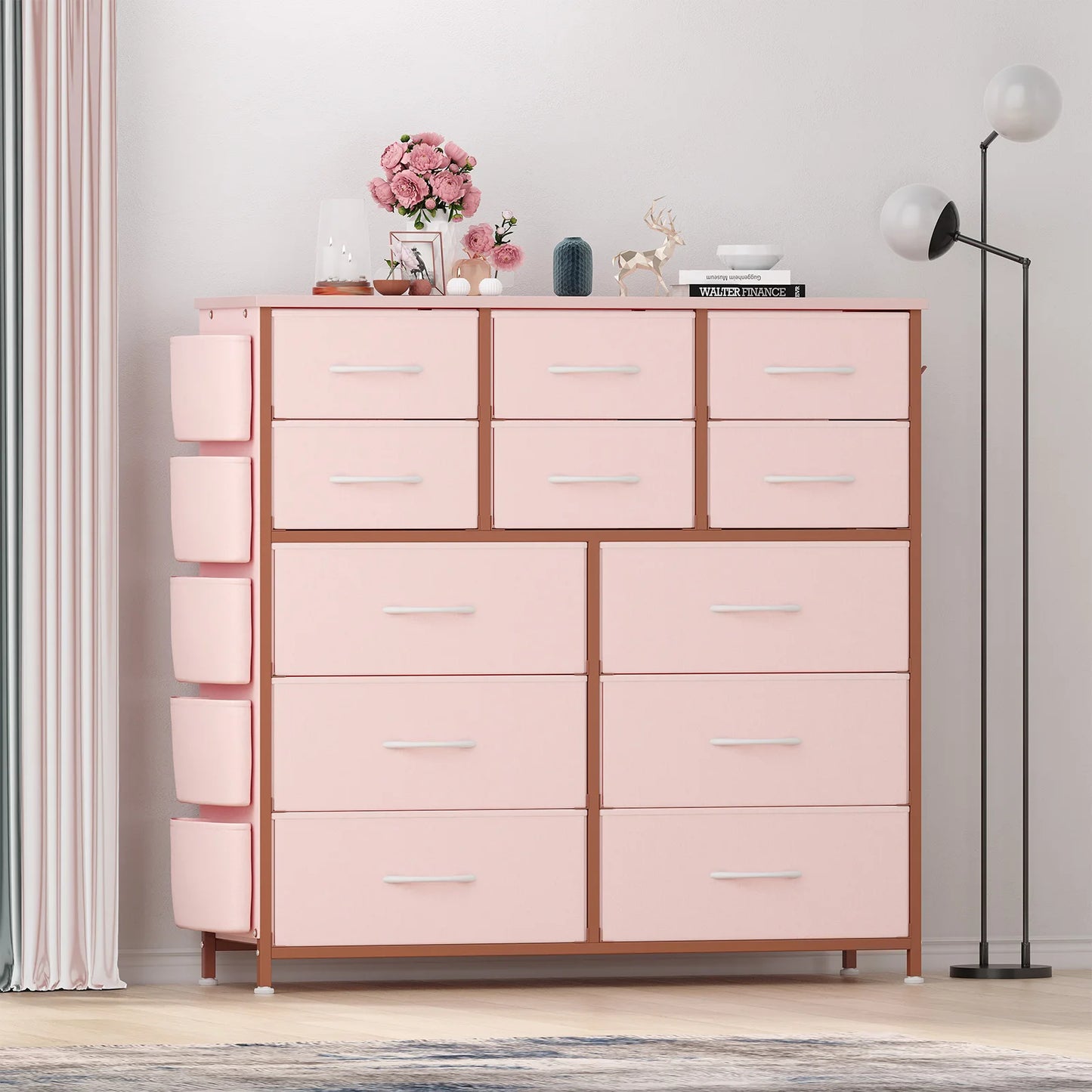 12-Drawer Dresser for Bedroom,Cloth Storage Tower,Fabric Storage Cabinet,Chest of Drawer with Side Pockets,Metal Frame,Wood Top