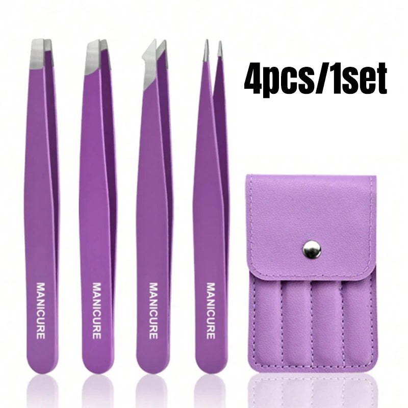 1/4pc Stainless Steel  Eyebrow Tweezers Kit Eyebrow Eyelash Tweezers with Storage Bag Beauty Salon Home Hair Removal Tweezers