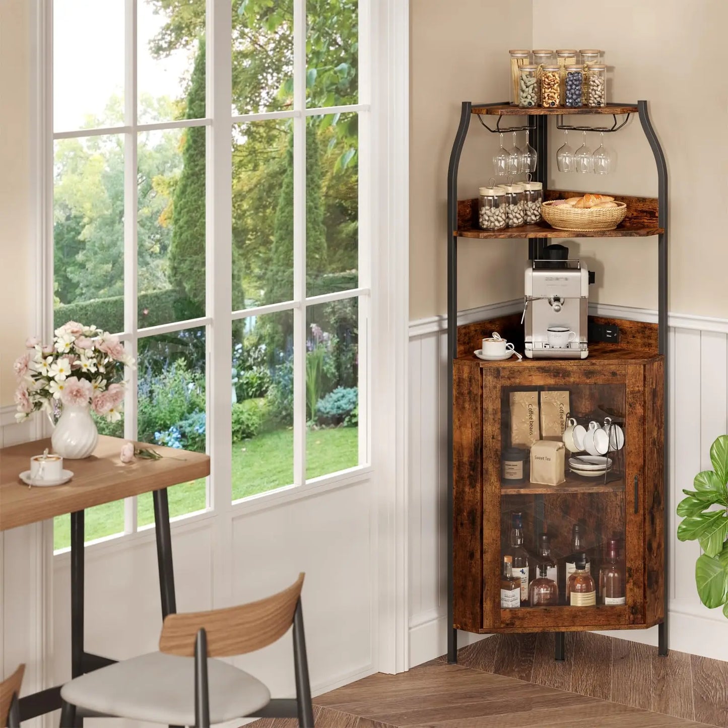 Corner Bar Cabinet With Power Outlet And LED Lights, 5 Tier Industrial Wine Rack, Glass Holder Liquor Storage Display For Small Spaces