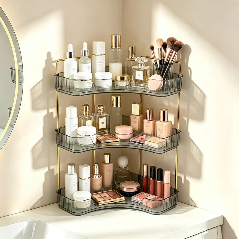Corner Bathroom Countertop Organizer Three Bathroom Storage Rack | Countertop Storage with Hooks Perfume Organizer Cosmetics and Skincare Storage Rack - Gray-Green Tone