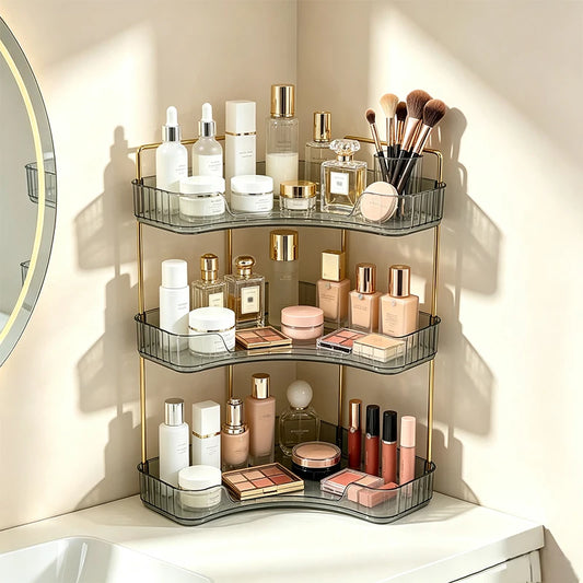 Corner Bathroom Countertop Organizer Three Bathroom Storage Rack | Countertop Storage with Hooks Perfume Organizer Cosmetics and Skincare Storage Rack - Gray-Green Tone
