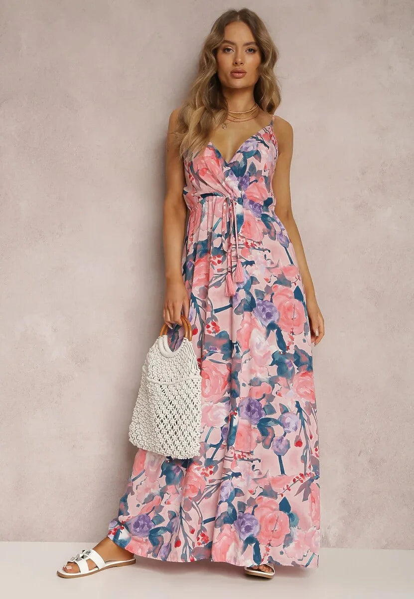 Women Watercolor Floral Maxi Dress V Neck With Tassel Tie