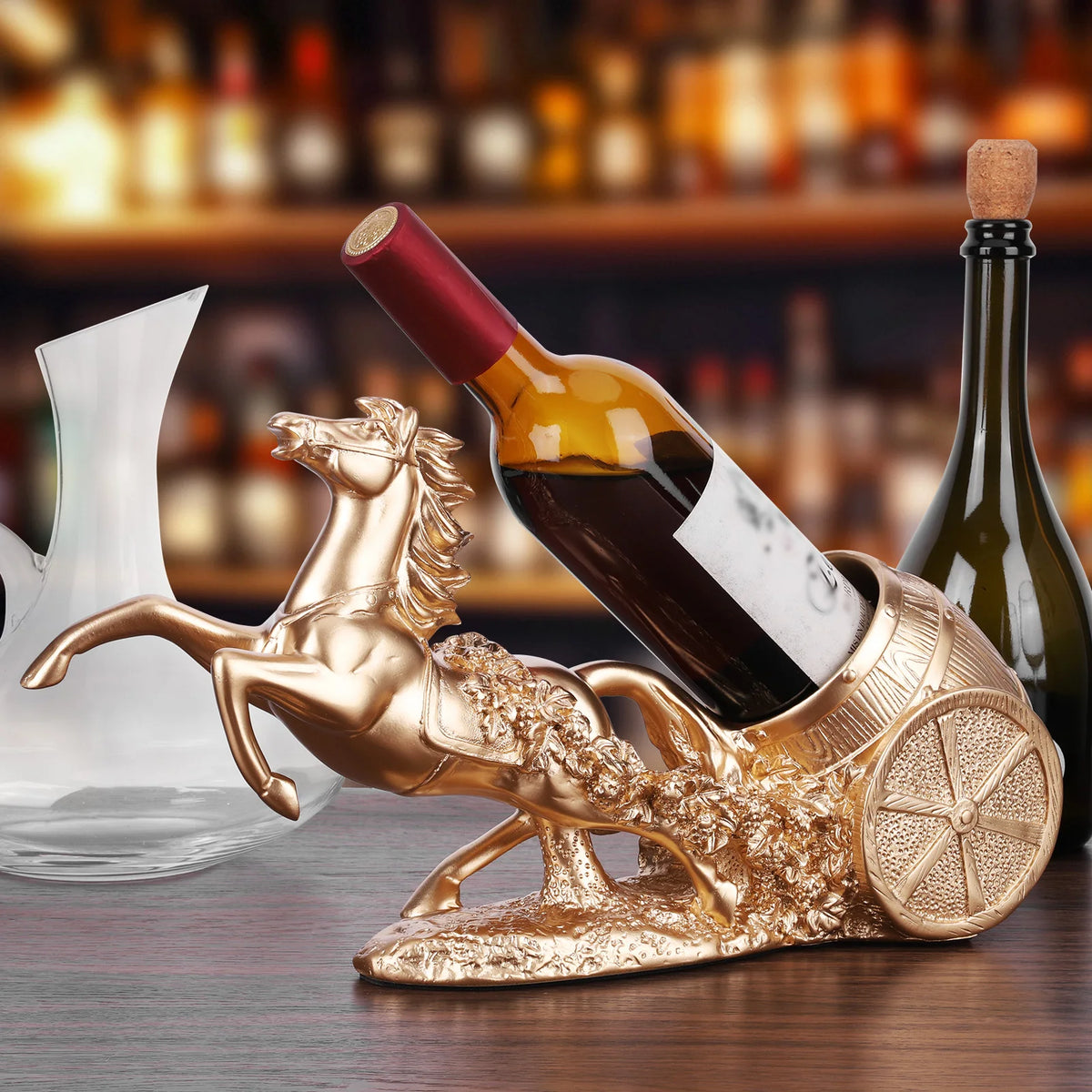 Brown Horse Wine Rack Stand Freestanding Wine Bottle Holder Statue Wine Display Stand for Country Farm Kitchen Decor