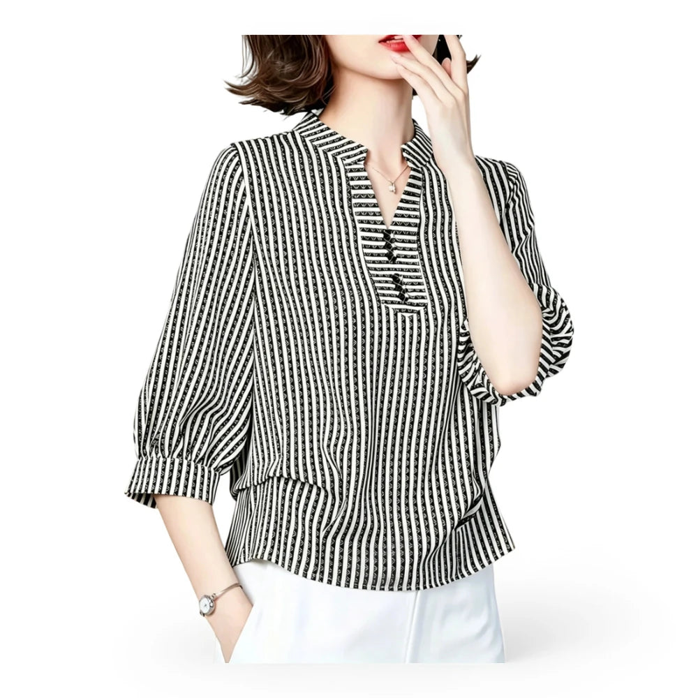 Vertical Stripe Stand Collar Partial Button Puff Three Quarter Sleeve Blouse For Women Slim Fit Office Top