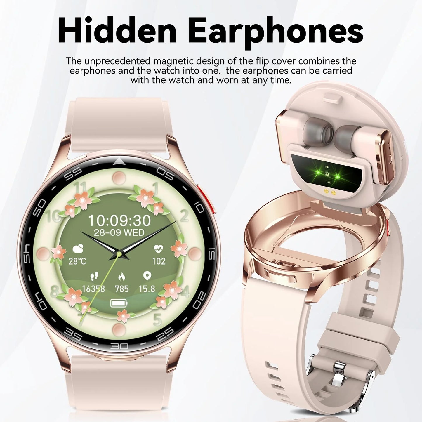 EIGIIS 2in1 Smart Watch With Hidden Earbuds IPS HD Screen